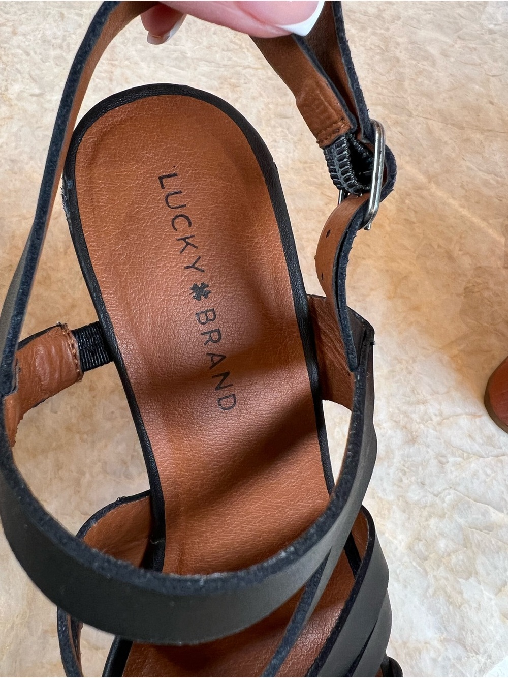 Lucky Brand Black Strappy Wood-Platform Wedge Sandals. Leather upper - Picture 7 of 8